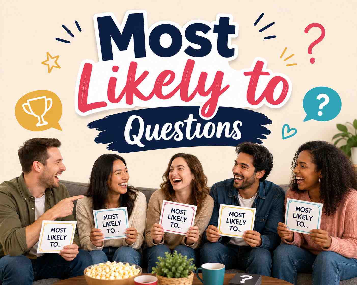Most Likely To questions card for a funny party game to play with friends and couples